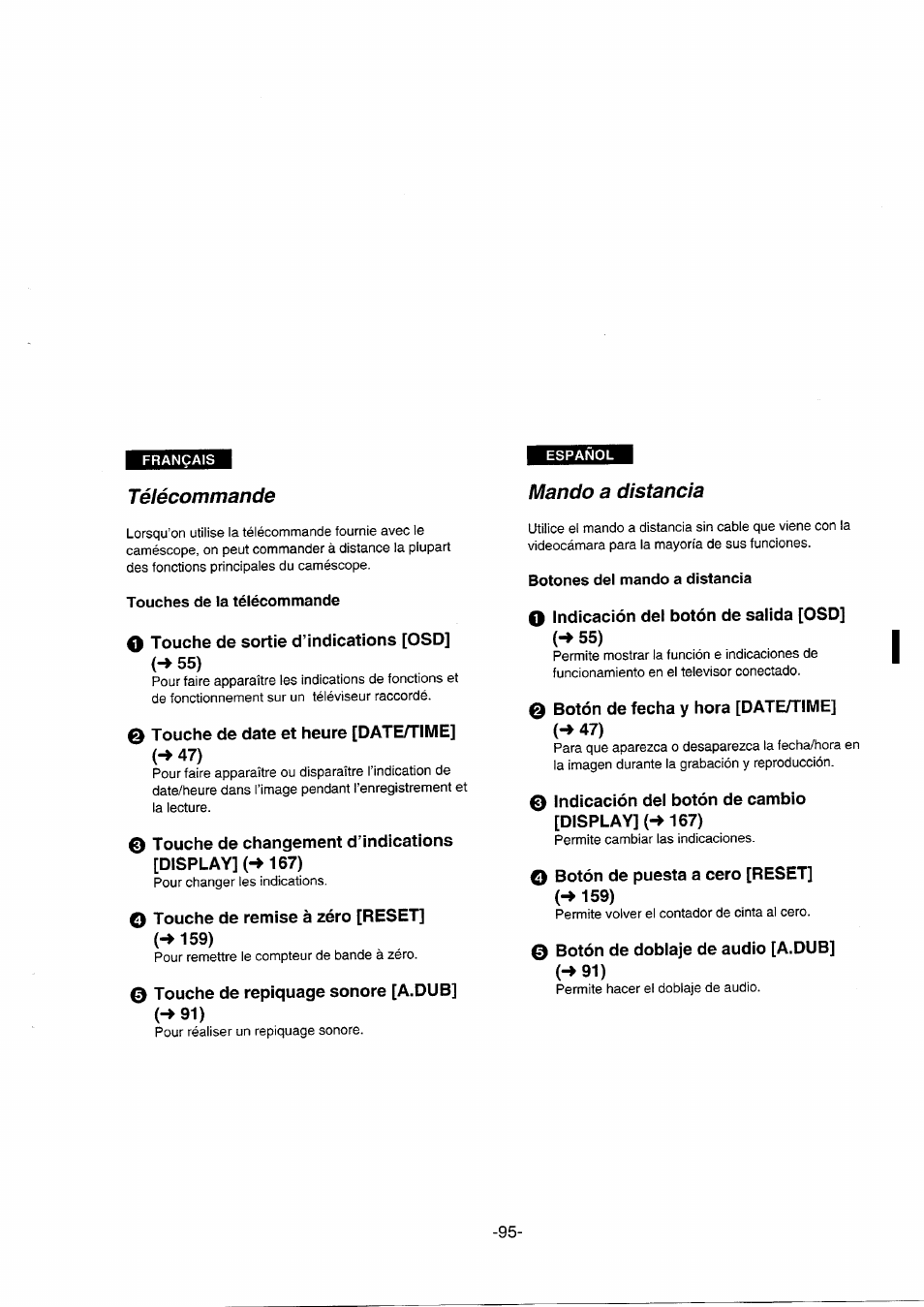 Télécommande, Touches de la télécommande, Mando a distancia | Botones del mando a distancia, Utilización del mando a distancia | Panasonic NVDS5EG User Manual | Page 95 / 184