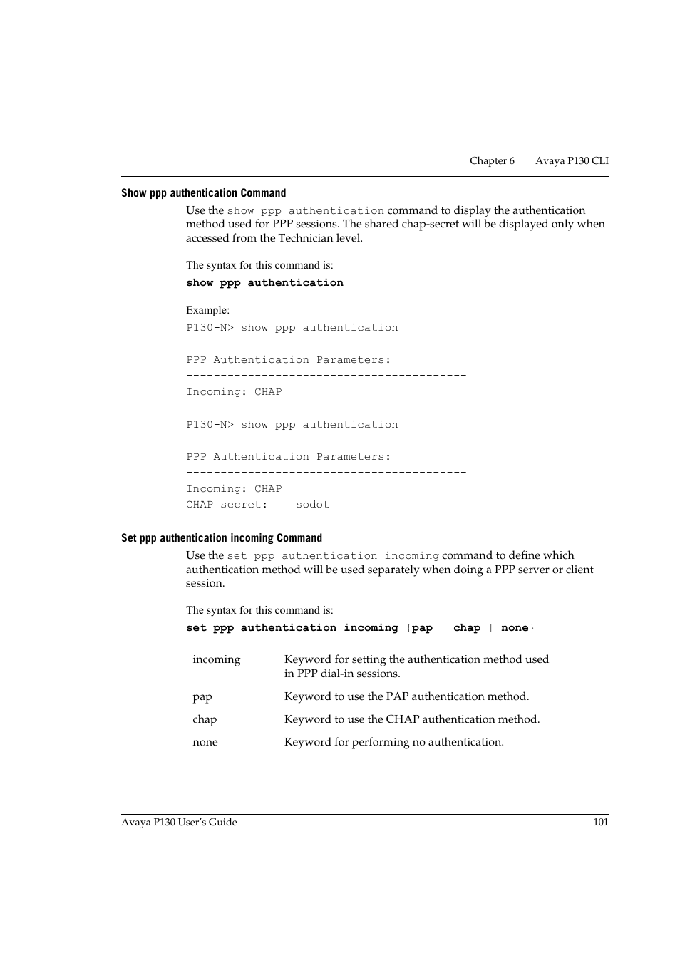 Show ppp authentication command, Set ppp authentication incoming command | Avaya P130 User Manual | Page 115 / 160