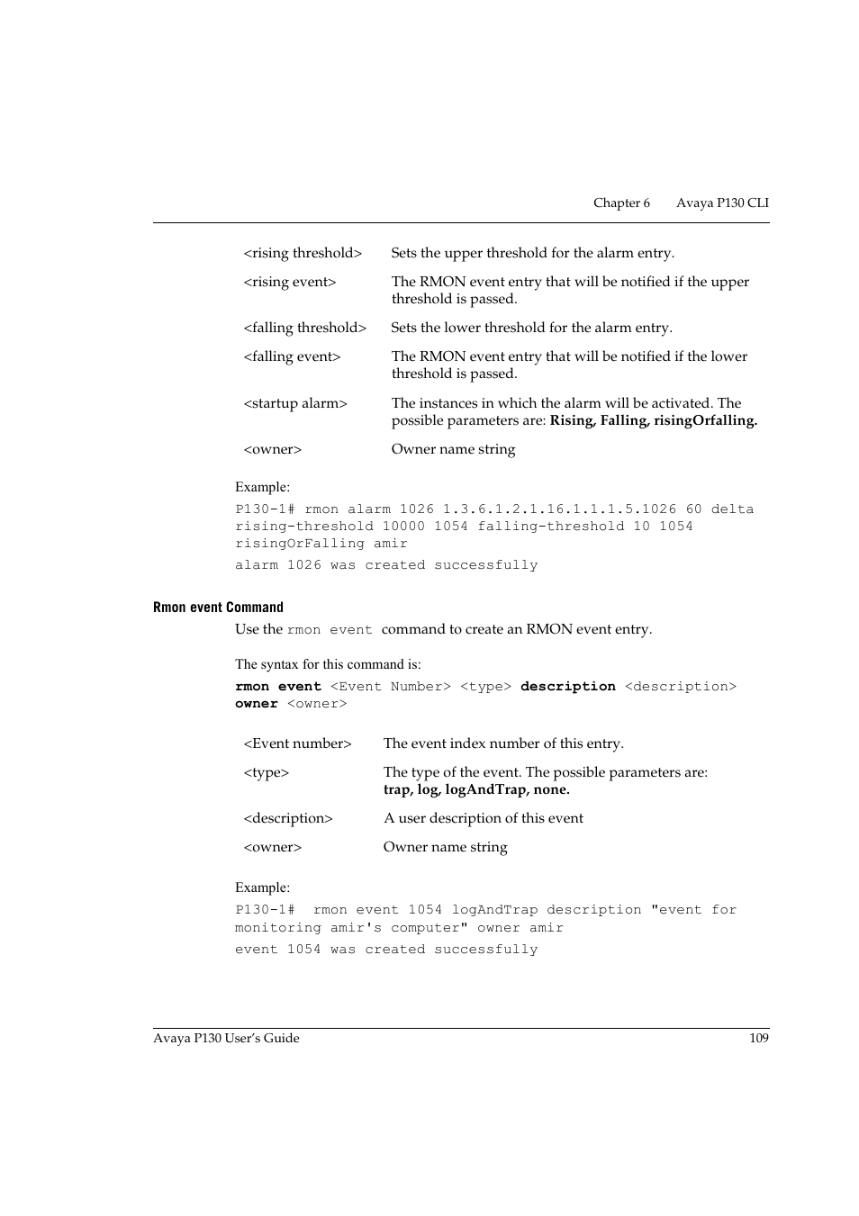 Rmon event command | Avaya P130 User Manual | Page 123 / 160