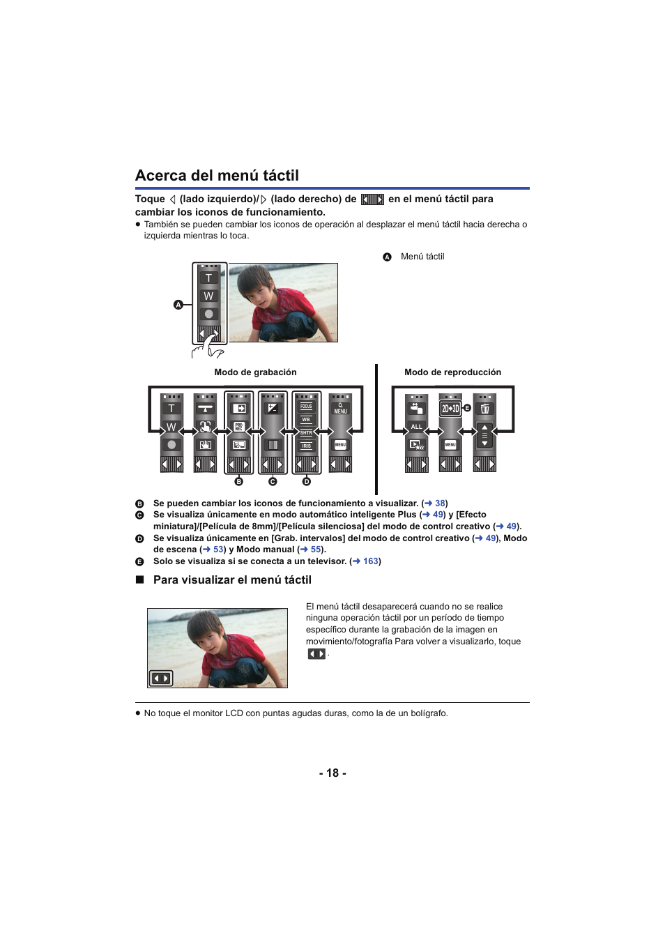 Acerca del menú táctil, Para visualizar el menú táctil | Panasonic HCX929EG User Manual | Page 18 / 203