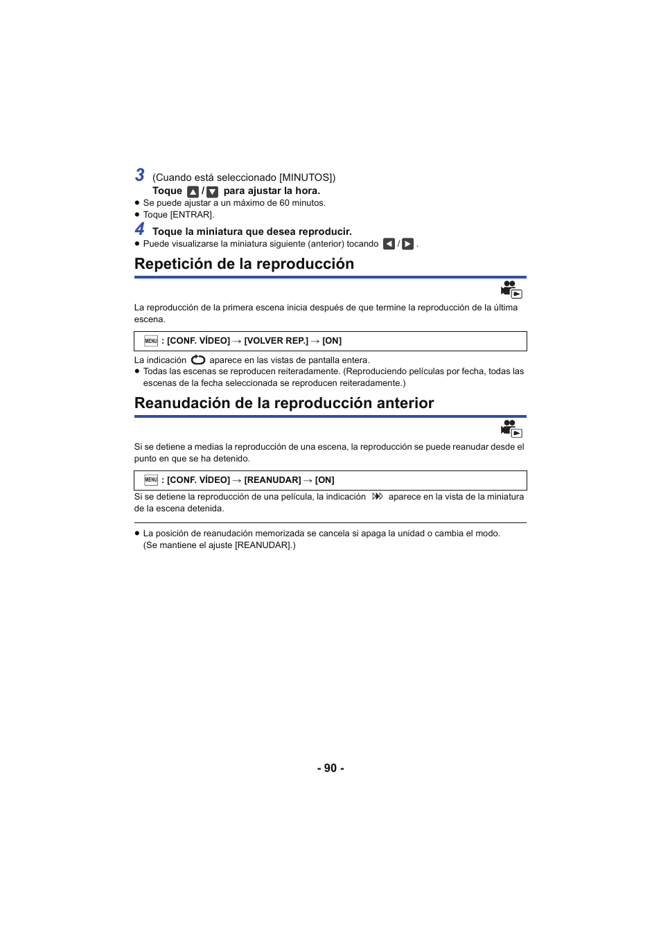 Repetición de la reproducción, Reanudación de la reproducción anterior | Panasonic HCX929EG User Manual | Page 90 / 203