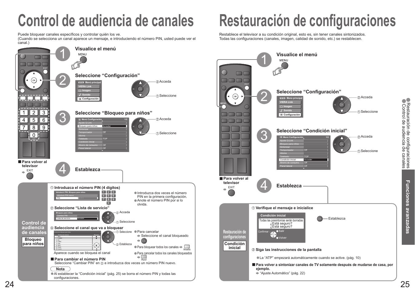 Control de audiencia de canales, Restauración de confi guraciones, Funciones avanzadas | Panasonic TH50PY700F User Manual | Page 13 / 22