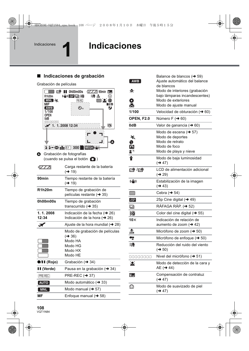 Indicaciones, Indicaciones de grabación | Panasonic HDCHS9 User Manual | Page 108 / 132