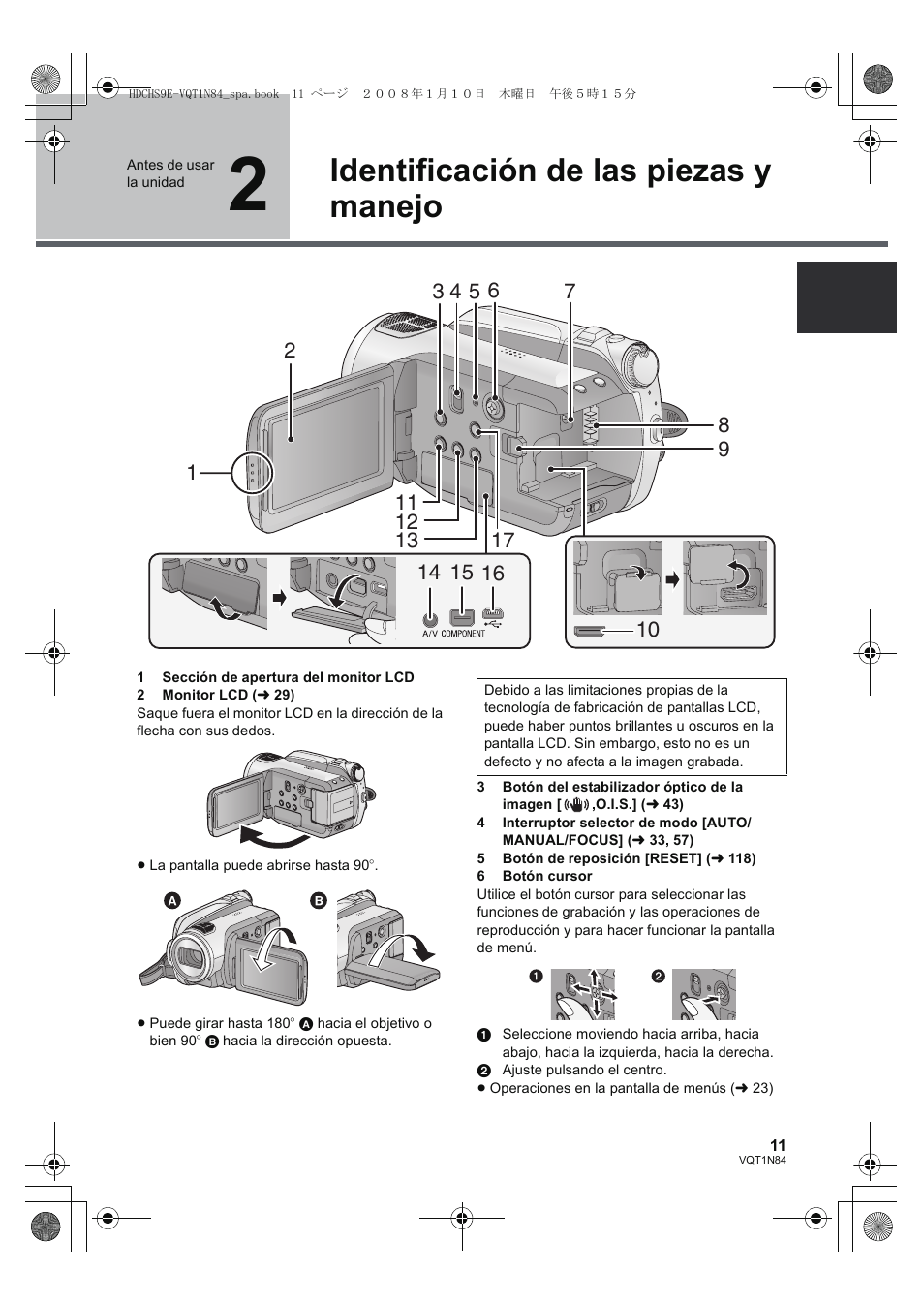 Identificación de las piezas y manejo | Panasonic HDCHS9 User Manual | Page 11 / 132