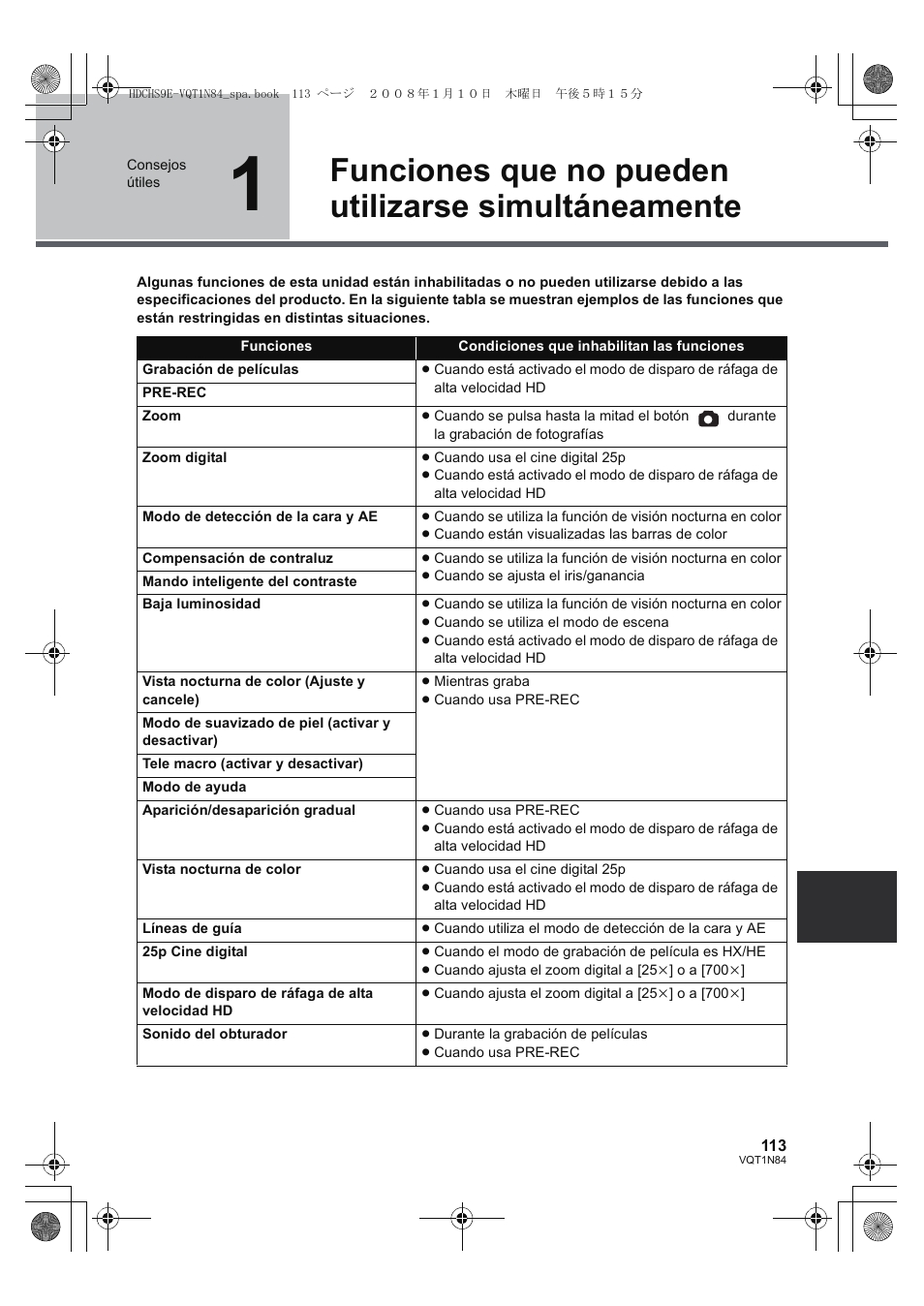 Funciones que no pueden utilizarse simultáneamente | Panasonic HDCHS9 User Manual | Page 113 / 132