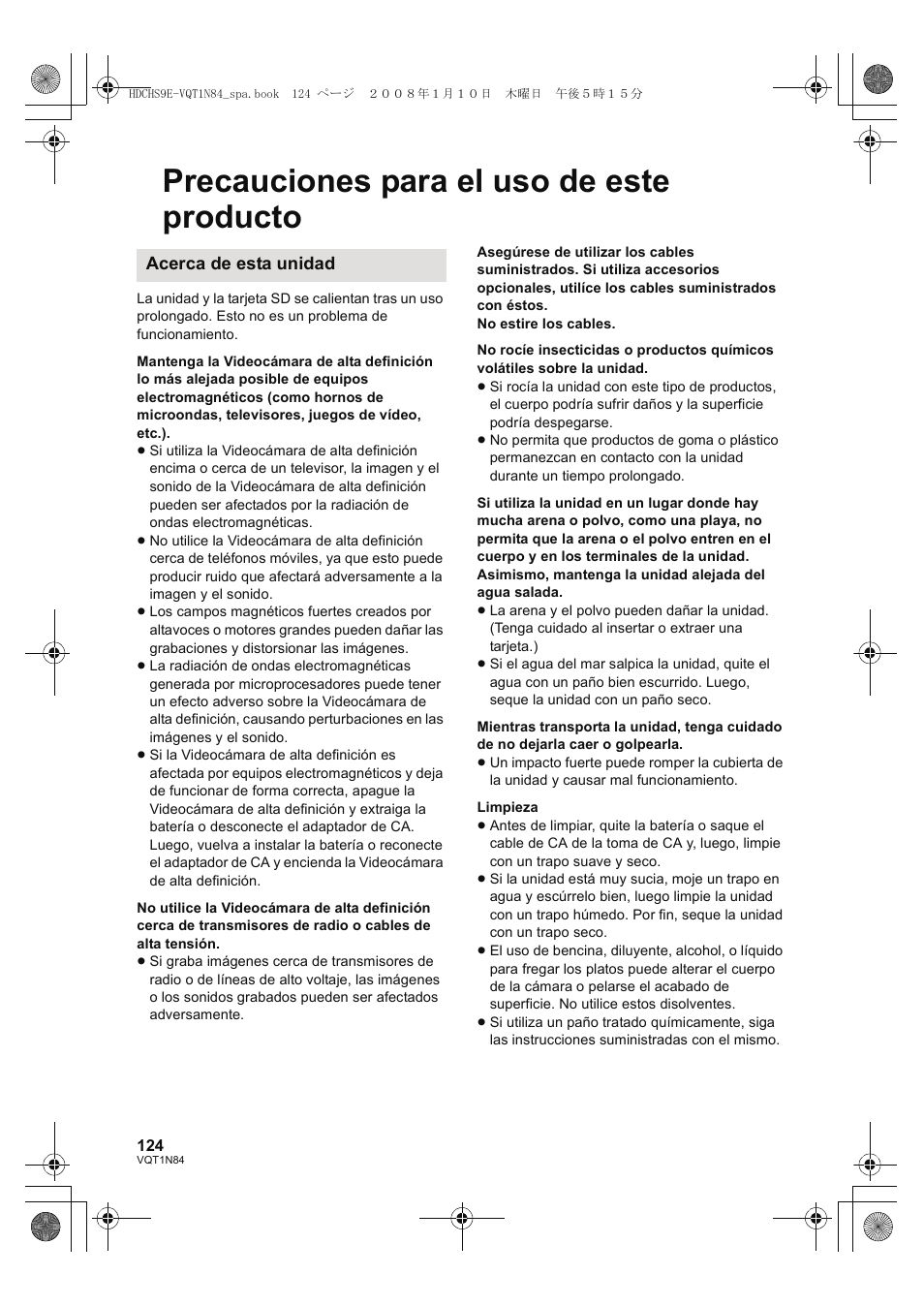 Precauciones para el uso de este producto | Panasonic HDCHS9 User Manual | Page 124 / 132