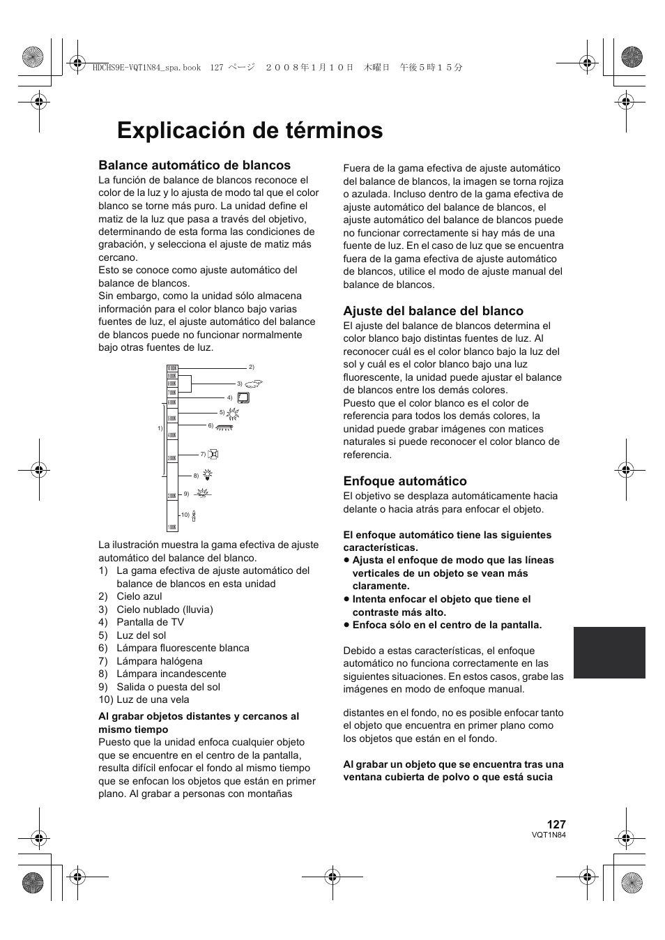 Explicación de términos, Balance automático de blancos, Ajuste del balance del blanco | Enfoque automático | Panasonic HDCHS9 User Manual | Page 127 / 132