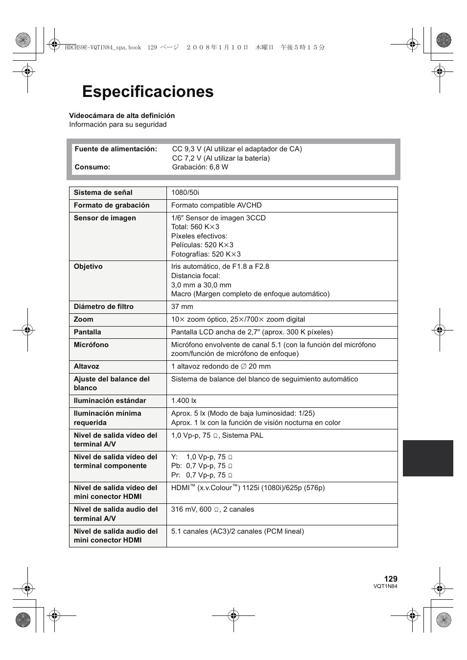 Especificaciones | Panasonic HDCHS9 User Manual | Page 129 / 132