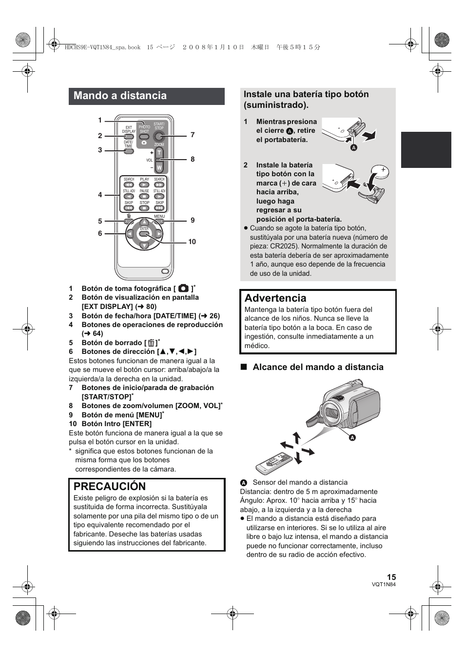 Mando a distancia precaución, Advertencia, Alcance del mando a distancia | Instale una batería tipo botón (suministrado) | Panasonic HDCHS9 User Manual | Page 15 / 132
