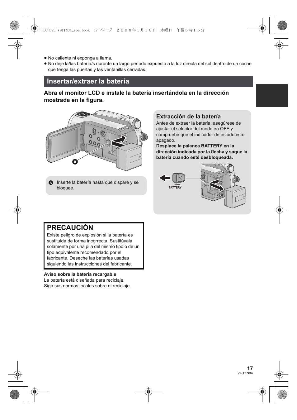 Insertar/extraer la batería, Precaución | Panasonic HDCHS9 User Manual | Page 17 / 132