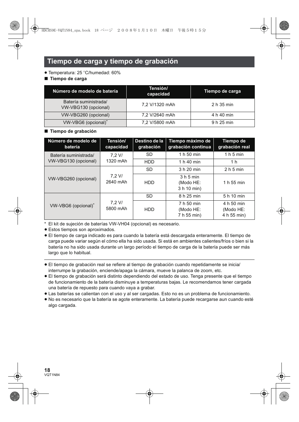 Tiempo de carga y tiempo de grabación | Panasonic HDCHS9 User Manual | Page 18 / 132