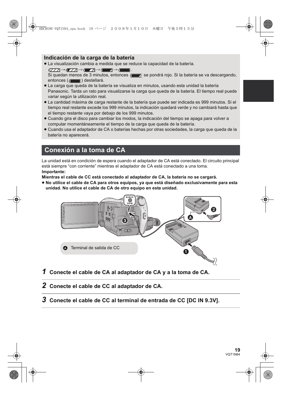 Conexión a la toma de ca | Panasonic HDCHS9 User Manual | Page 19 / 132