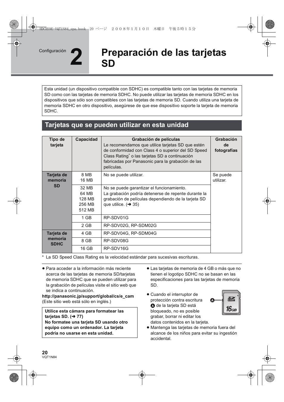 Preparación de las tarjetas sd, Tarjetas que se pueden utilizar en esta unidad | Panasonic HDCHS9 User Manual | Page 20 / 132
