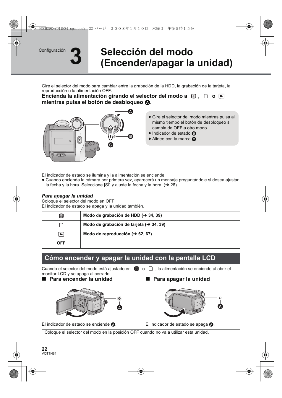 Selección del modo (encender/apagar la unidad) | Panasonic HDCHS9 User Manual | Page 22 / 132