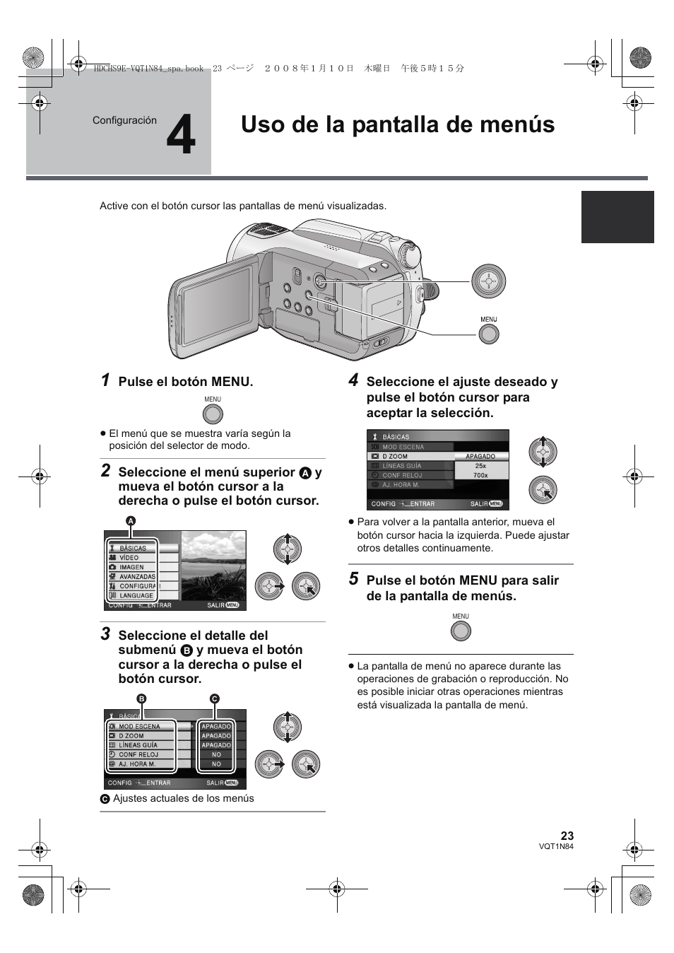 Uso de la pantalla de menús | Panasonic HDCHS9 User Manual | Page 23 / 132
