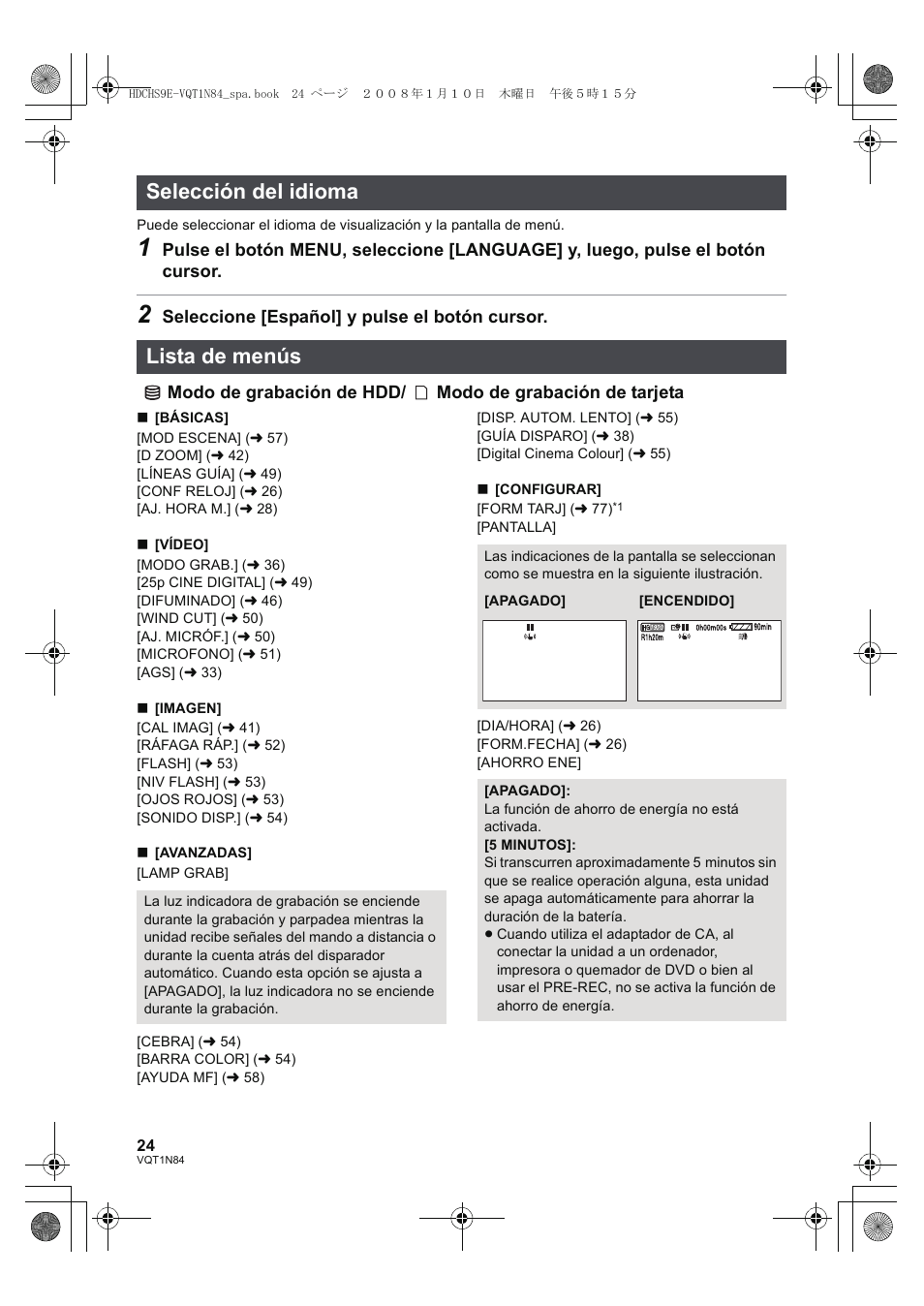 Selección del idioma lista de menús | Panasonic HDCHS9 User Manual | Page 24 / 132
