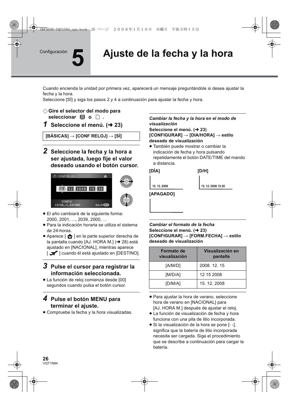 Ajuste de la fecha y la hora | Panasonic HDCHS9 User Manual | Page 26 / 132