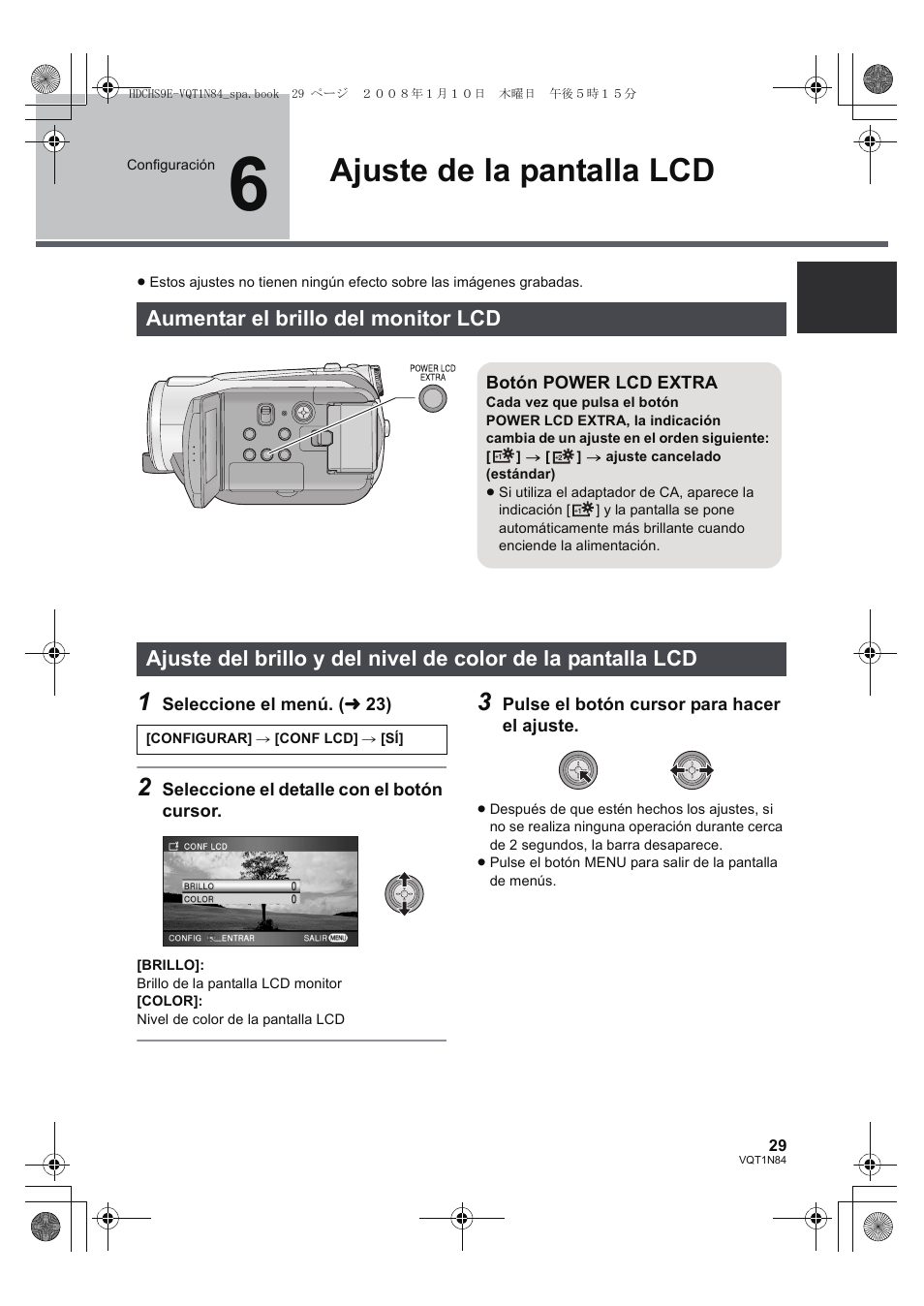 Ajuste de la pantalla lcd, Aumentar el brillo del monitor lcd | Panasonic HDCHS9 User Manual | Page 29 / 132