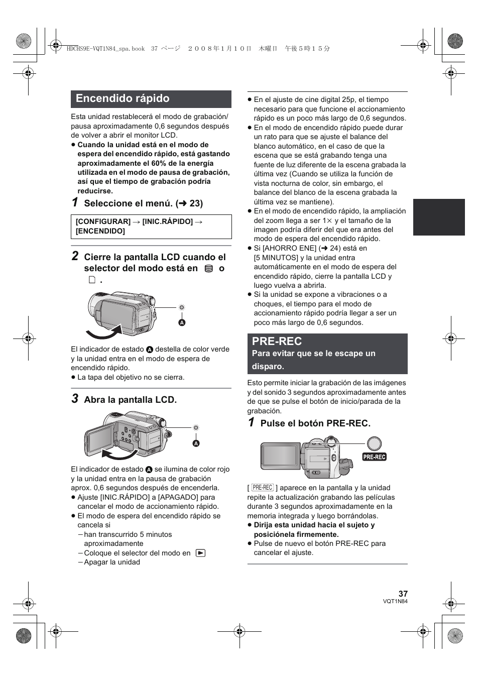 Encendido rápido, Pre-rec | Panasonic HDCHS9 User Manual | Page 37 / 132