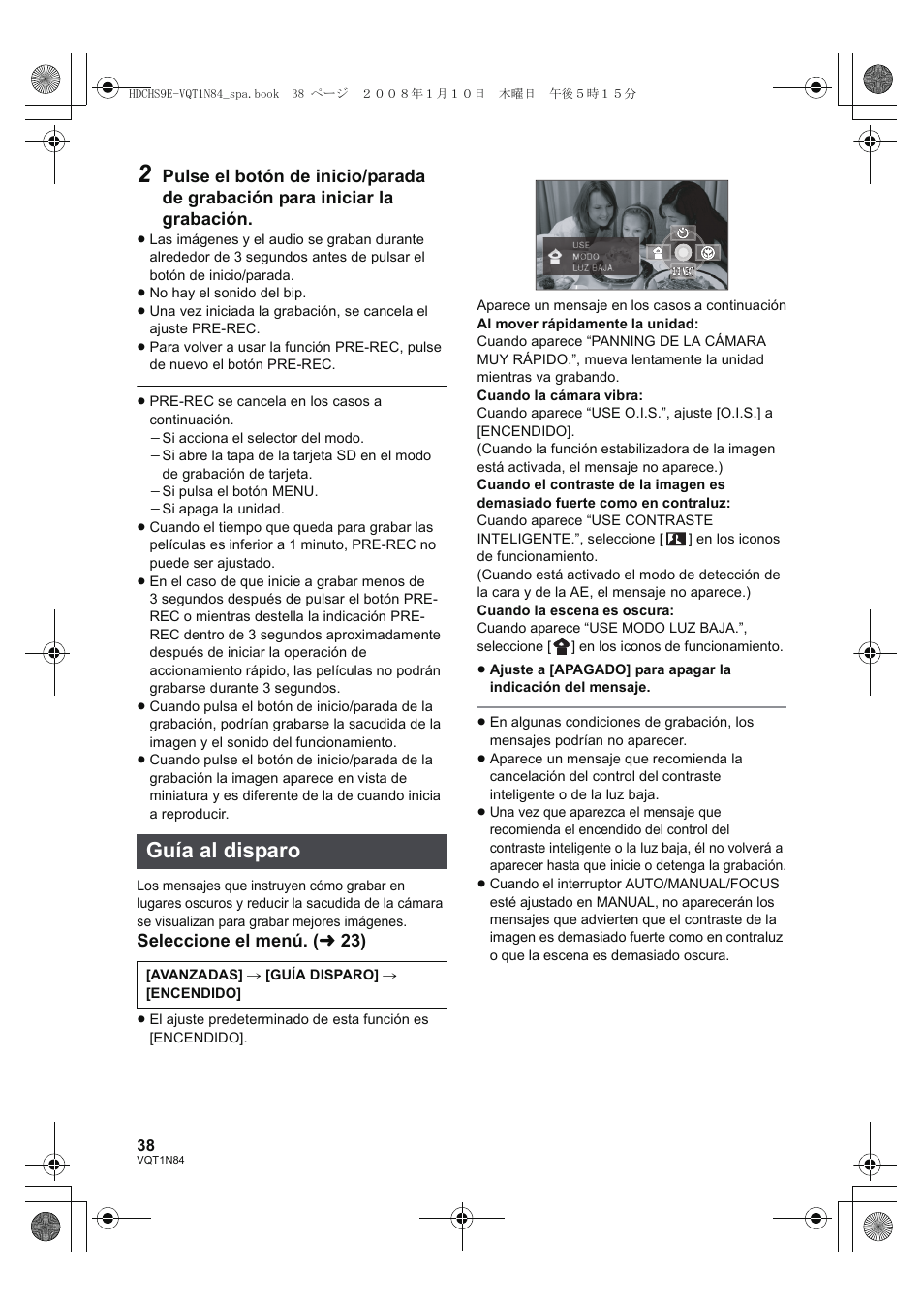 Guía al disparo, Seleccione el menú. ( l 23) | Panasonic HDCHS9 User Manual | Page 38 / 132