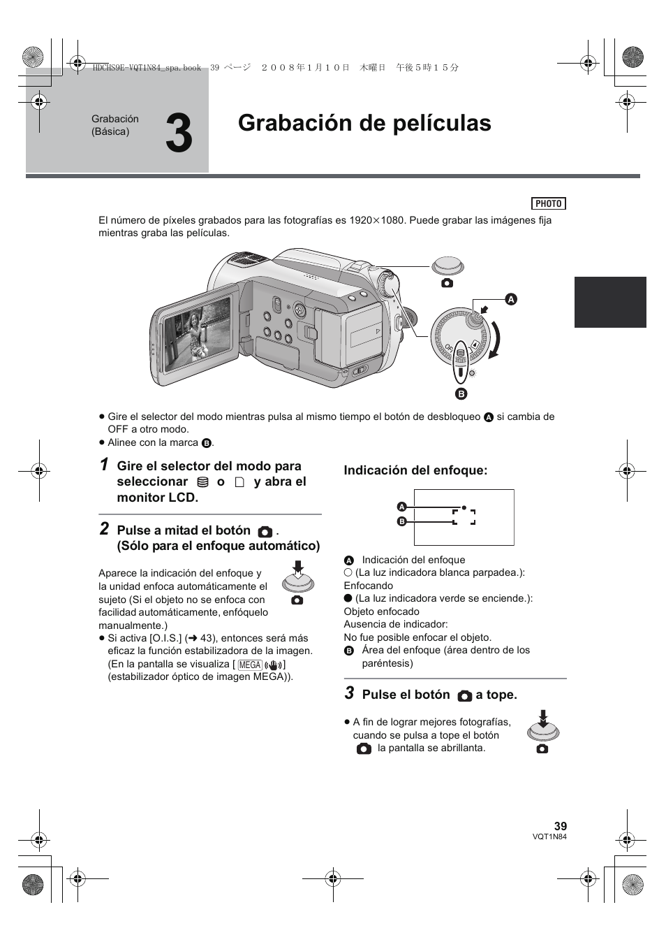Grabación de películas | Panasonic HDCHS9 User Manual | Page 39 / 132