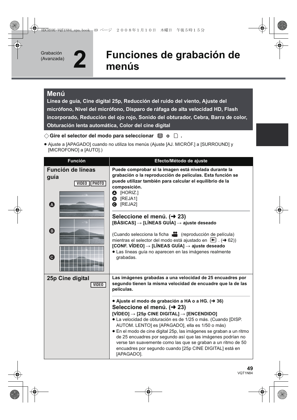 Funciones de grabación de menús, Menú | Panasonic HDCHS9 User Manual | Page 49 / 132