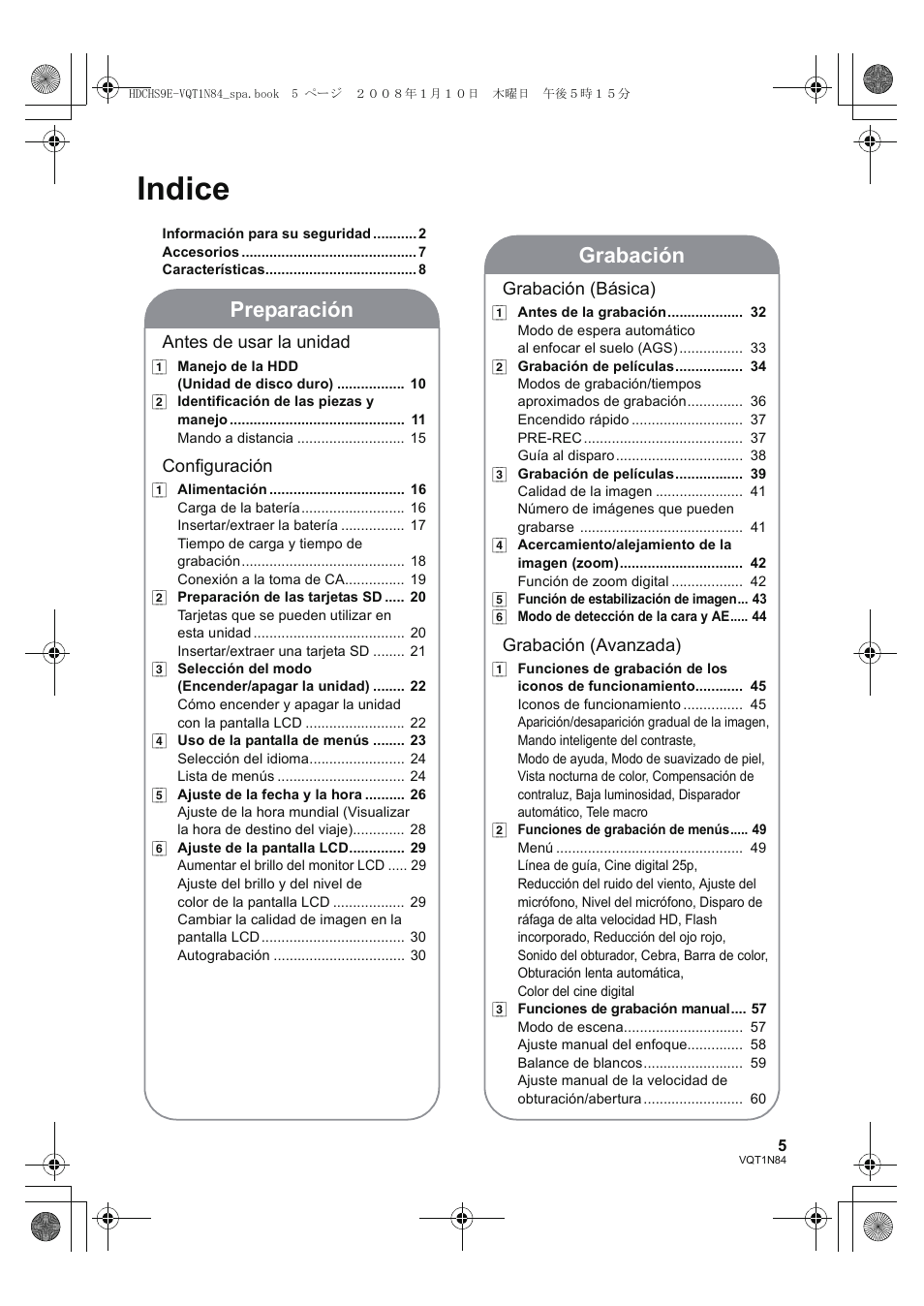 Indice, Preparación, Grabación | Panasonic HDCHS9 User Manual | Page 5 / 132