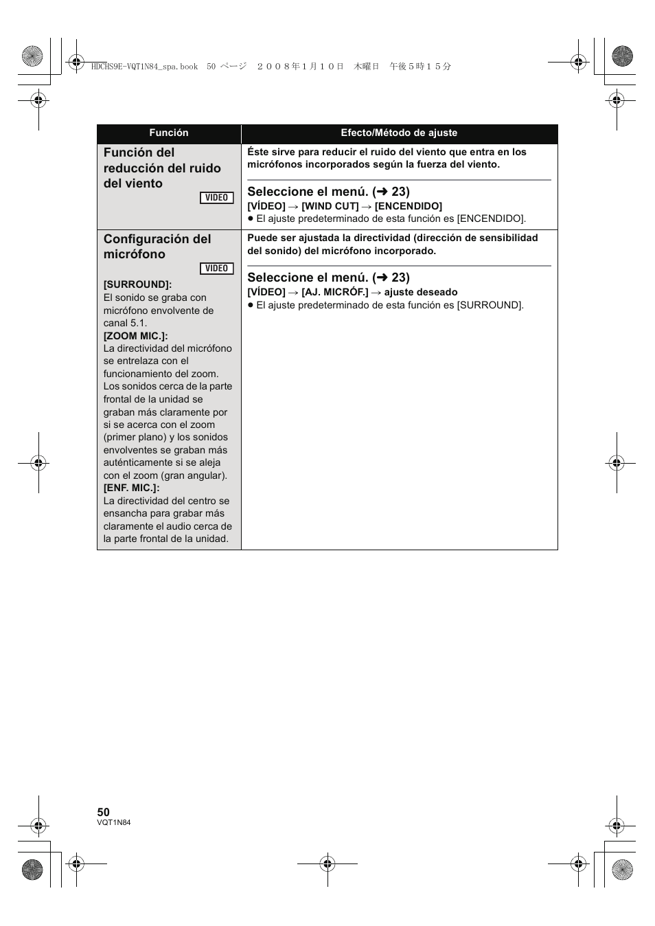 Función del reducción del ruido del viento, Seleccione el menú. ( l 23), Configuración del micrófono | Panasonic HDCHS9 User Manual | Page 50 / 132