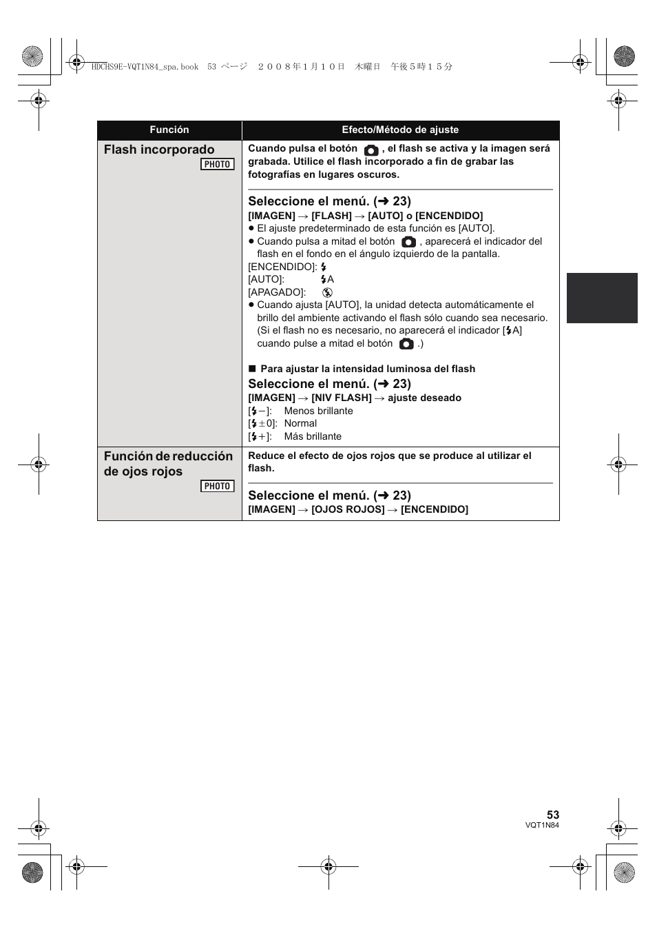 Flash incorporado, Seleccione el menú. ( l 23), Función de reducción de ojos rojos | Panasonic HDCHS9 User Manual | Page 53 / 132
