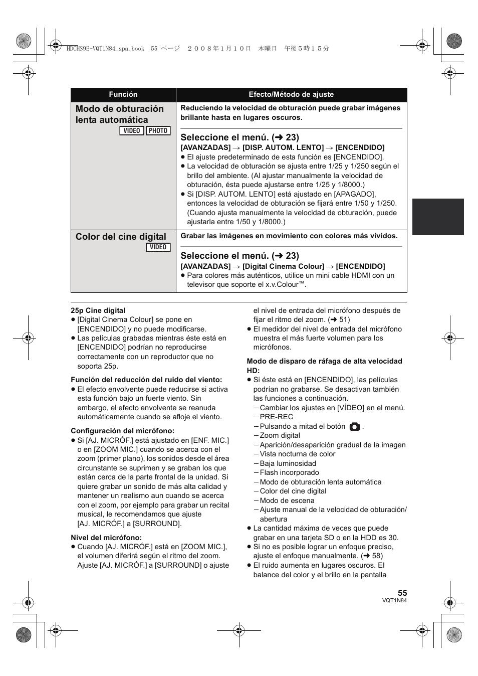 Modo de obturación lenta automática, Seleccione el menú. ( l 23), Color del cine digital | Panasonic HDCHS9 User Manual | Page 55 / 132