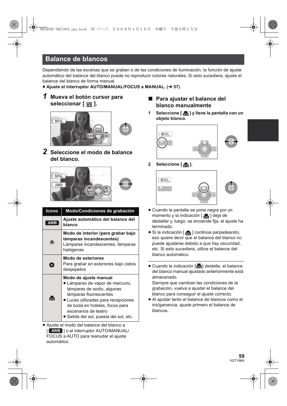 Balance de blancos | Panasonic HDCHS9 User Manual | Page 59 / 132
