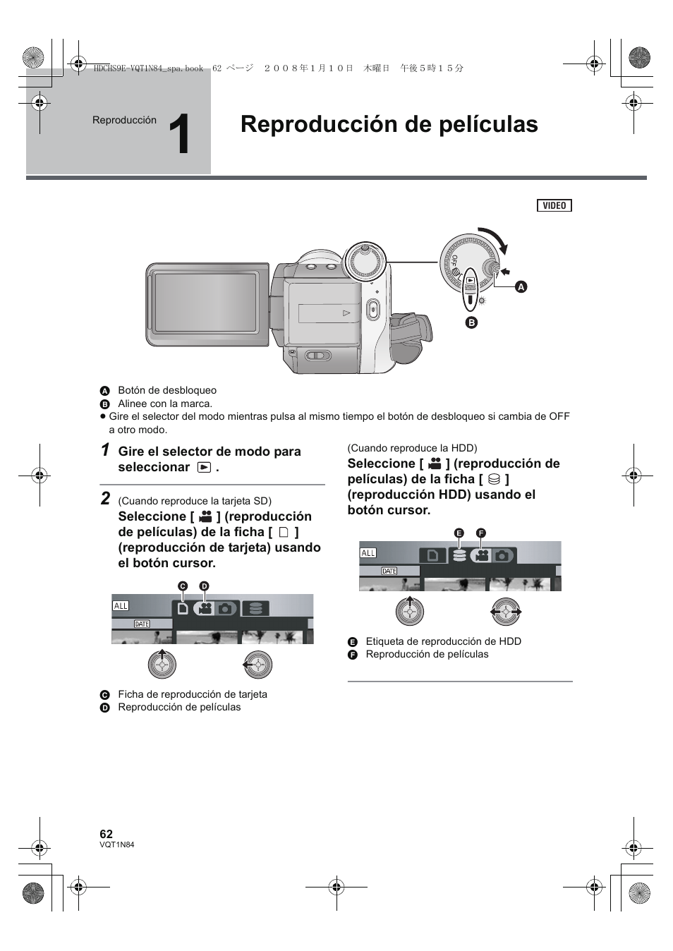 Reproducción de películas | Panasonic HDCHS9 User Manual | Page 62 / 132