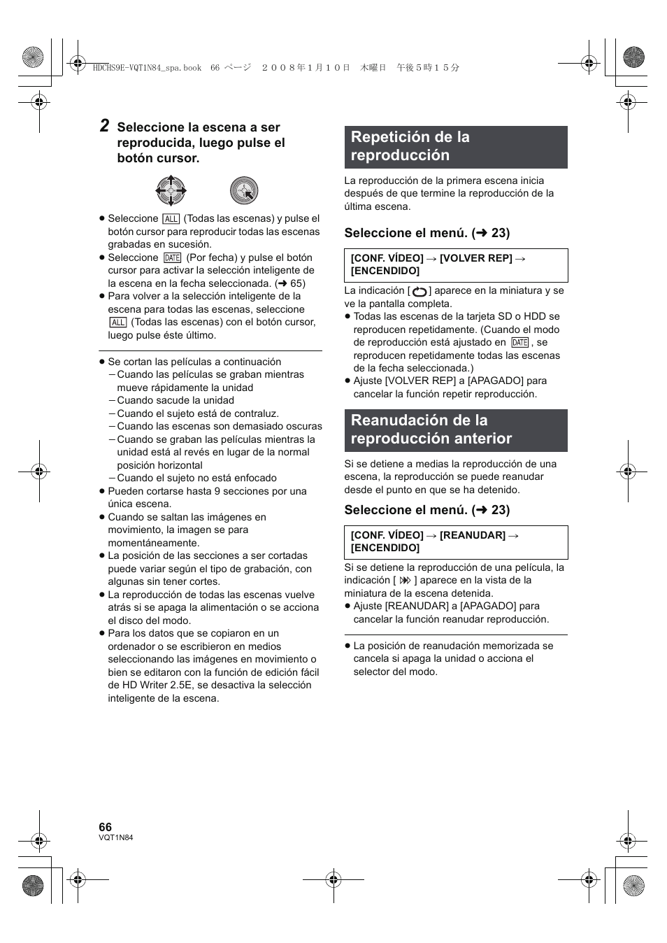 Repetición de la reproducción, Reanudación de la reproducción anterior | Panasonic HDCHS9 User Manual | Page 66 / 132