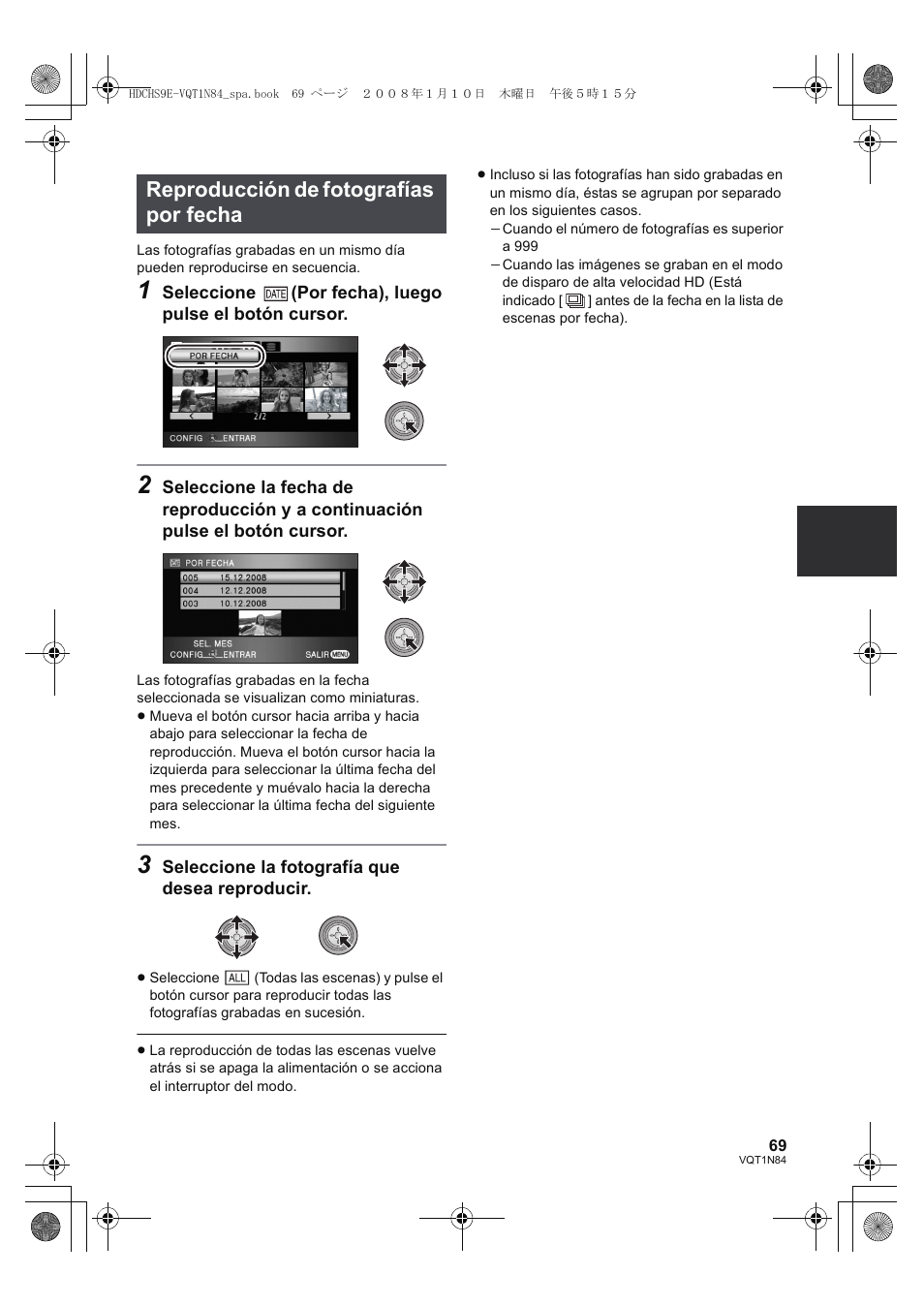 Reproducción de fotografías por fecha | Panasonic HDCHS9 User Manual | Page 69 / 132