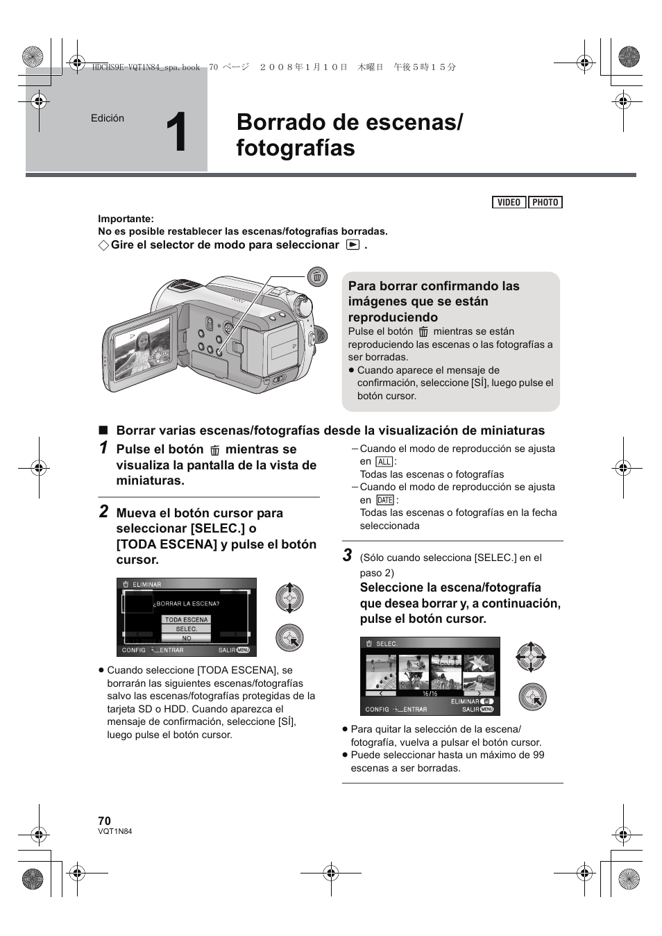 Borrado de escenas/ fotografías | Panasonic HDCHS9 User Manual | Page 70 / 132
