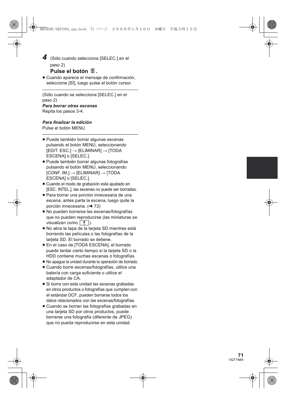 Pulse el botón | Panasonic HDCHS9 User Manual | Page 71 / 132