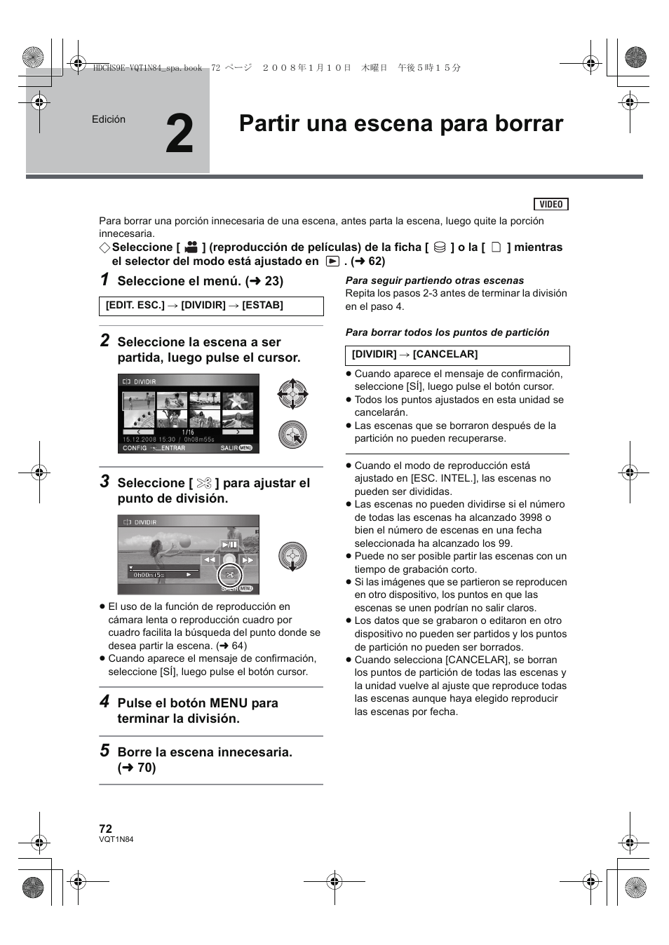 Partir una escena para borrar | Panasonic HDCHS9 User Manual | Page 72 / 132
