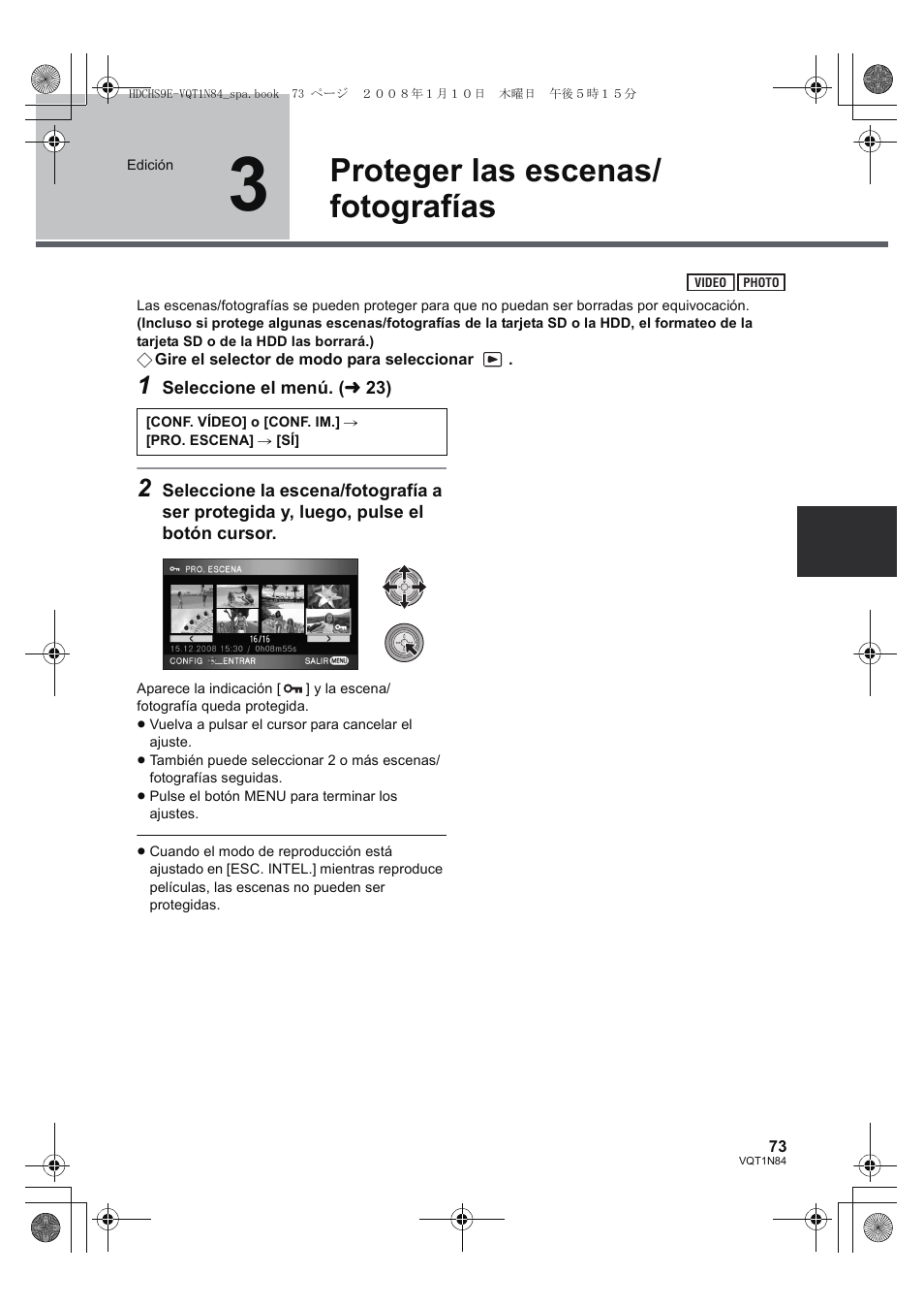 Proteger las escenas/ fotografías | Panasonic HDCHS9 User Manual | Page 73 / 132
