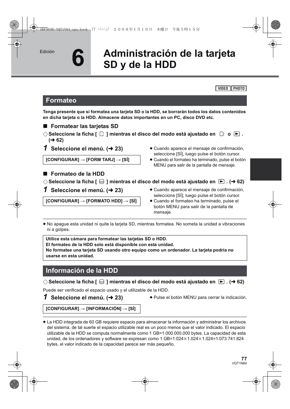Administración de la tarjeta sd y de la hdd, Formateo, Información de la hdd | Panasonic HDCHS9 User Manual | Page 77 / 132