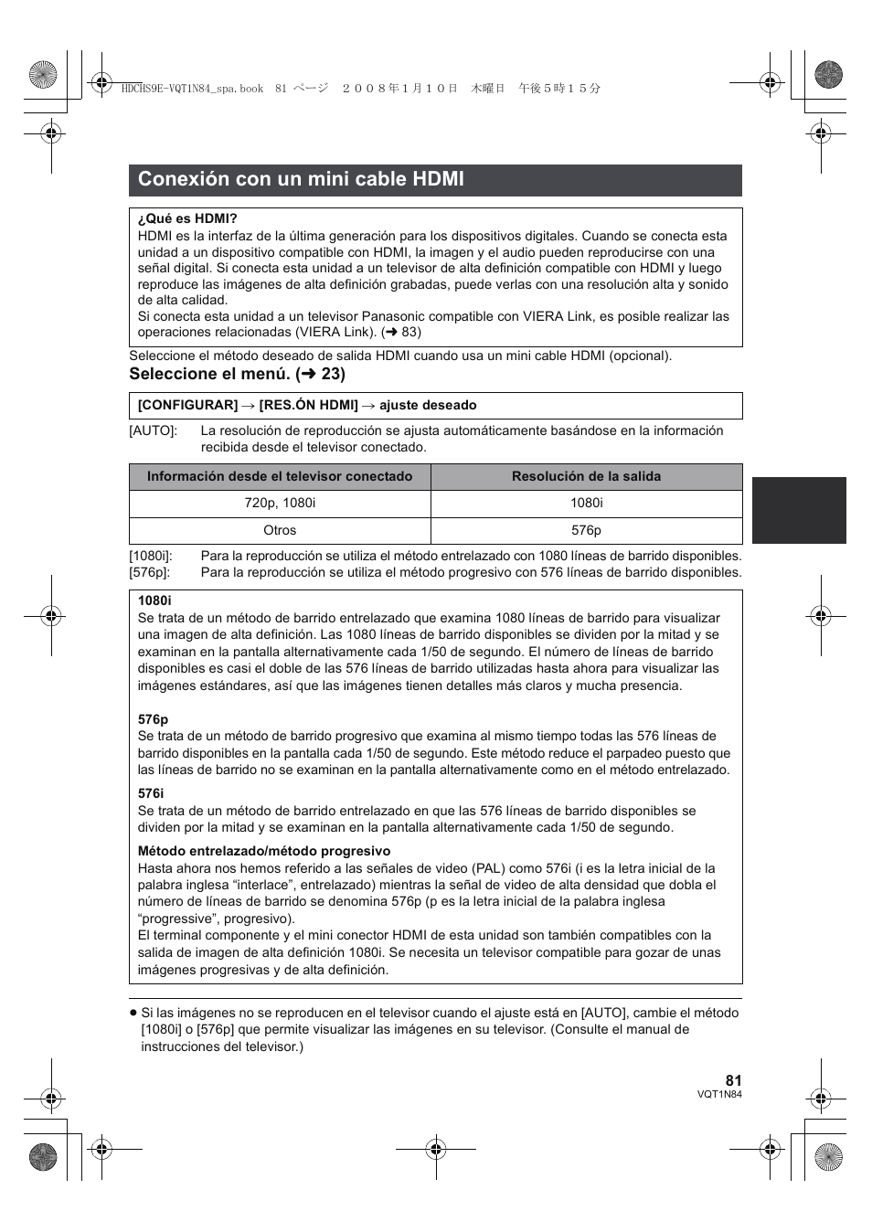 Conexión con un mini cable hdmi, Seleccione el menú. ( l 23) | Panasonic HDCHS9 User Manual | Page 81 / 132
