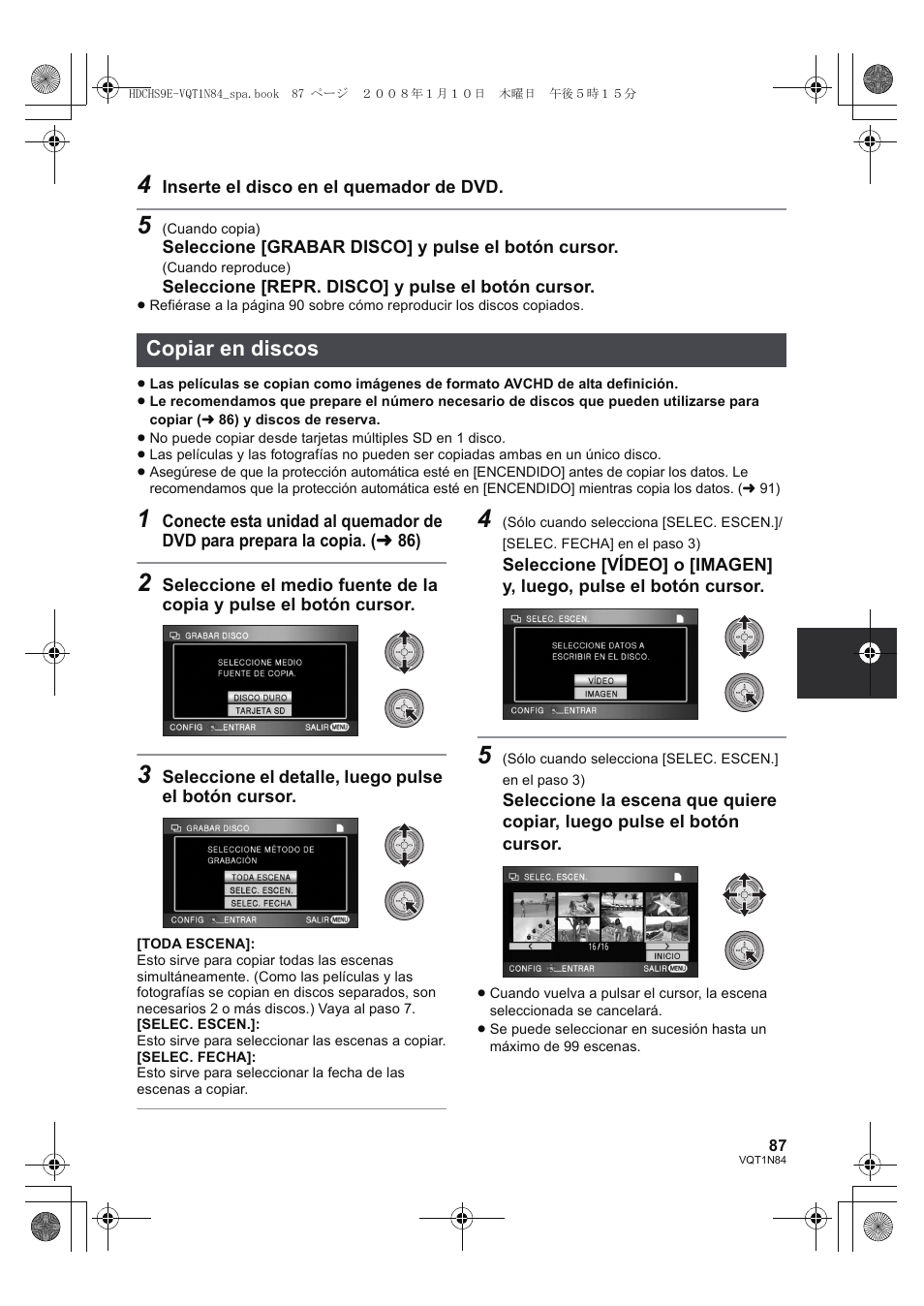 Copiar en discos | Panasonic HDCHS9 User Manual | Page 87 / 132