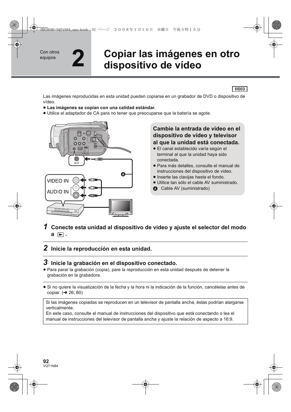 Copiar las imágenes en otro dispositivo de vídeo | Panasonic HDCHS9 User Manual | Page 92 / 132