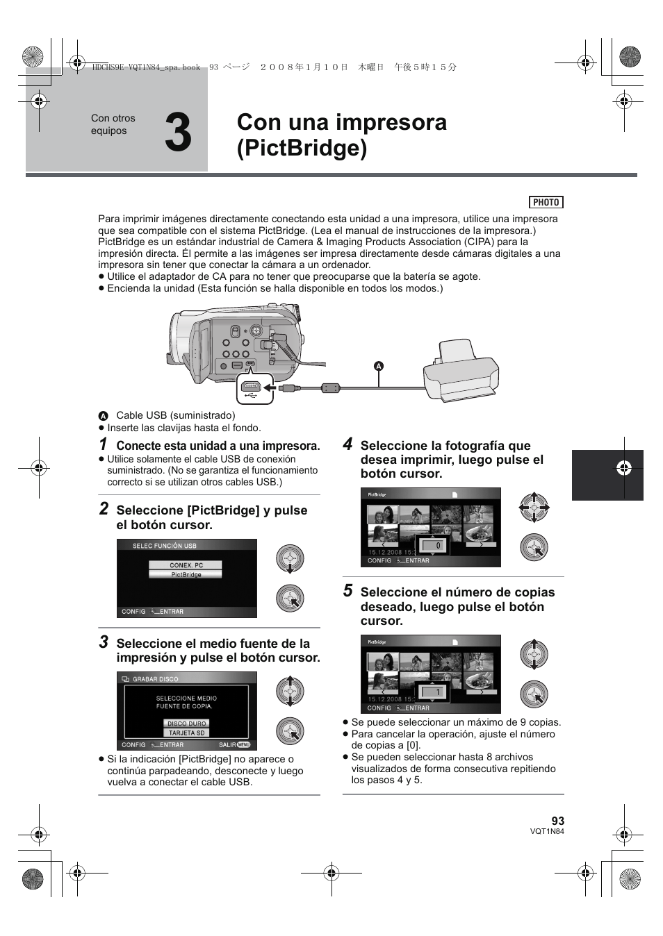 Con una impresora (pictbridge) | Panasonic HDCHS9 User Manual | Page 93 / 132
