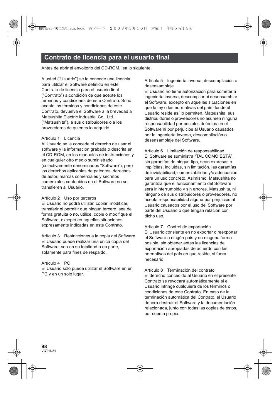 Contrato de licencia para el usuario final | Panasonic HDCHS9 User Manual | Page 98 / 132