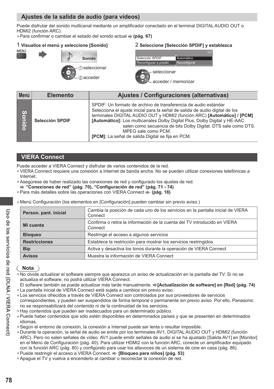 Ajustes de la salida de audio (para vídeos), Viera connect | Panasonic TXL42ET5E User Manual | Page 78 / 104