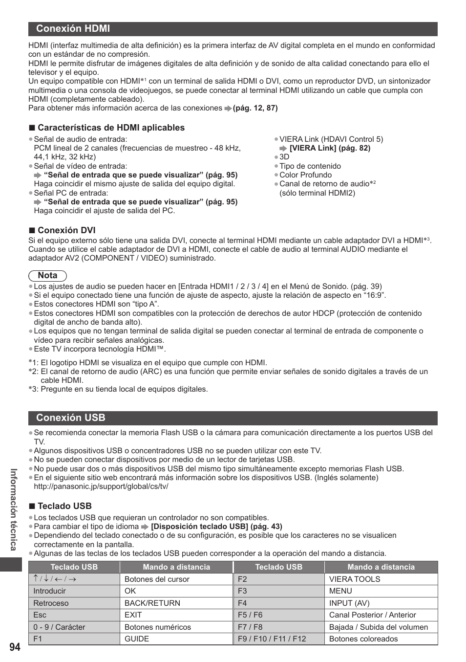 Conexión hdmi, Conexión usb | Panasonic TXL42ET5E User Manual | Page 94 / 104