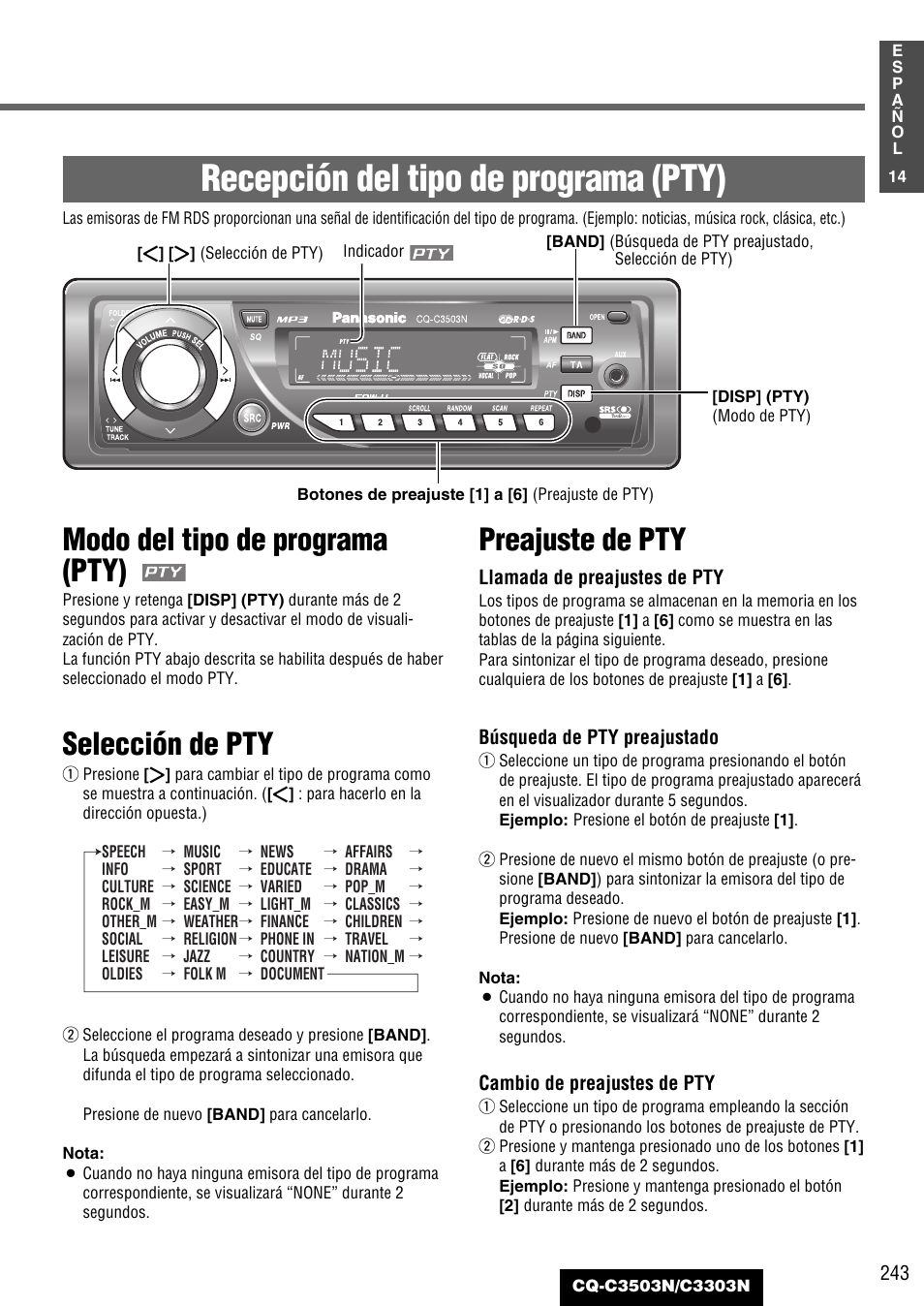 Recepción del tipo de programa (pty), Modo del tipo de programa (pty), Selección de pty | Preajuste de pty | Panasonic CQC3503N User Manual | Page 15 / 42