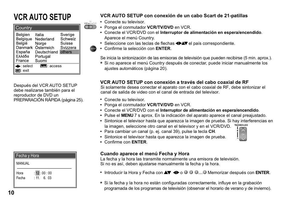 Vcr auto setup, Cuando aparece el menú fecha y hora | Panasonic NVVP30 User Manual | Page 10 / 48