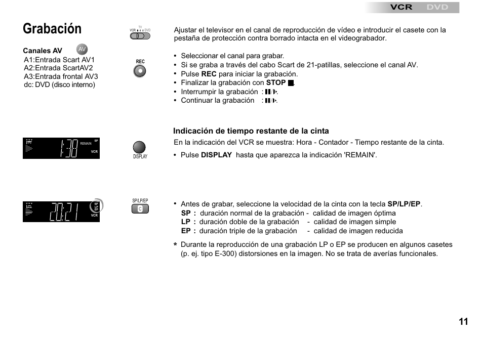 Grabación, Indicación de tiempo restante de la cinta | Panasonic NVVP30 User Manual | Page 11 / 48
