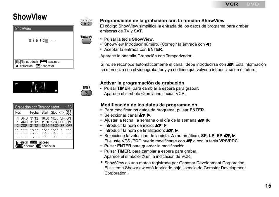 Showview, Activar la programación de grabación, Modificación de los datos de programación | Panasonic NVVP30 User Manual | Page 15 / 48